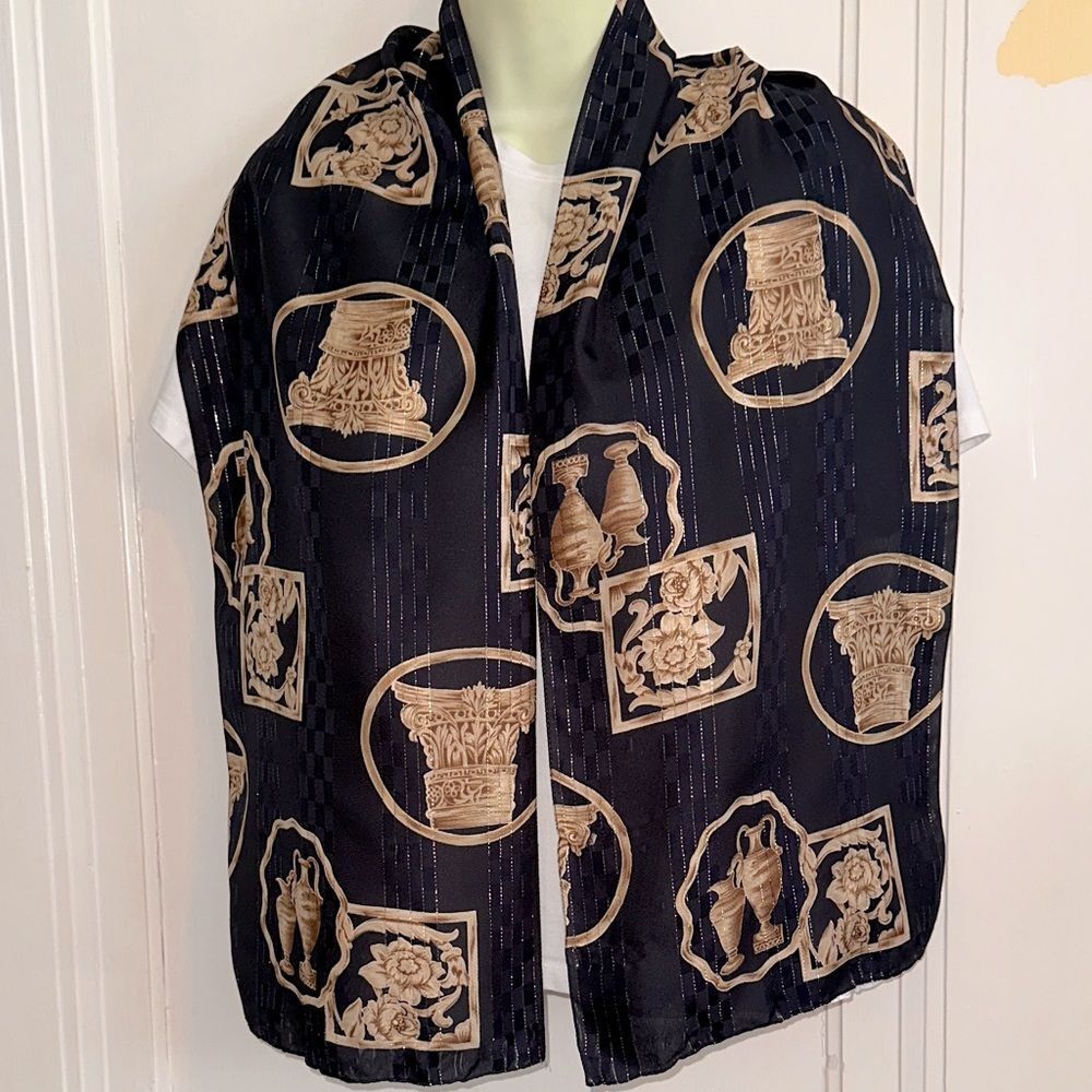 Greek themed Black and Tan Long Scarf with Metallic‎ Gold Threads